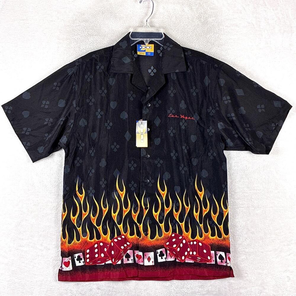 VTG Bowling Shirt Mens M Black Red Las Vegas Dice Flames Poker Rockabilly Y2K